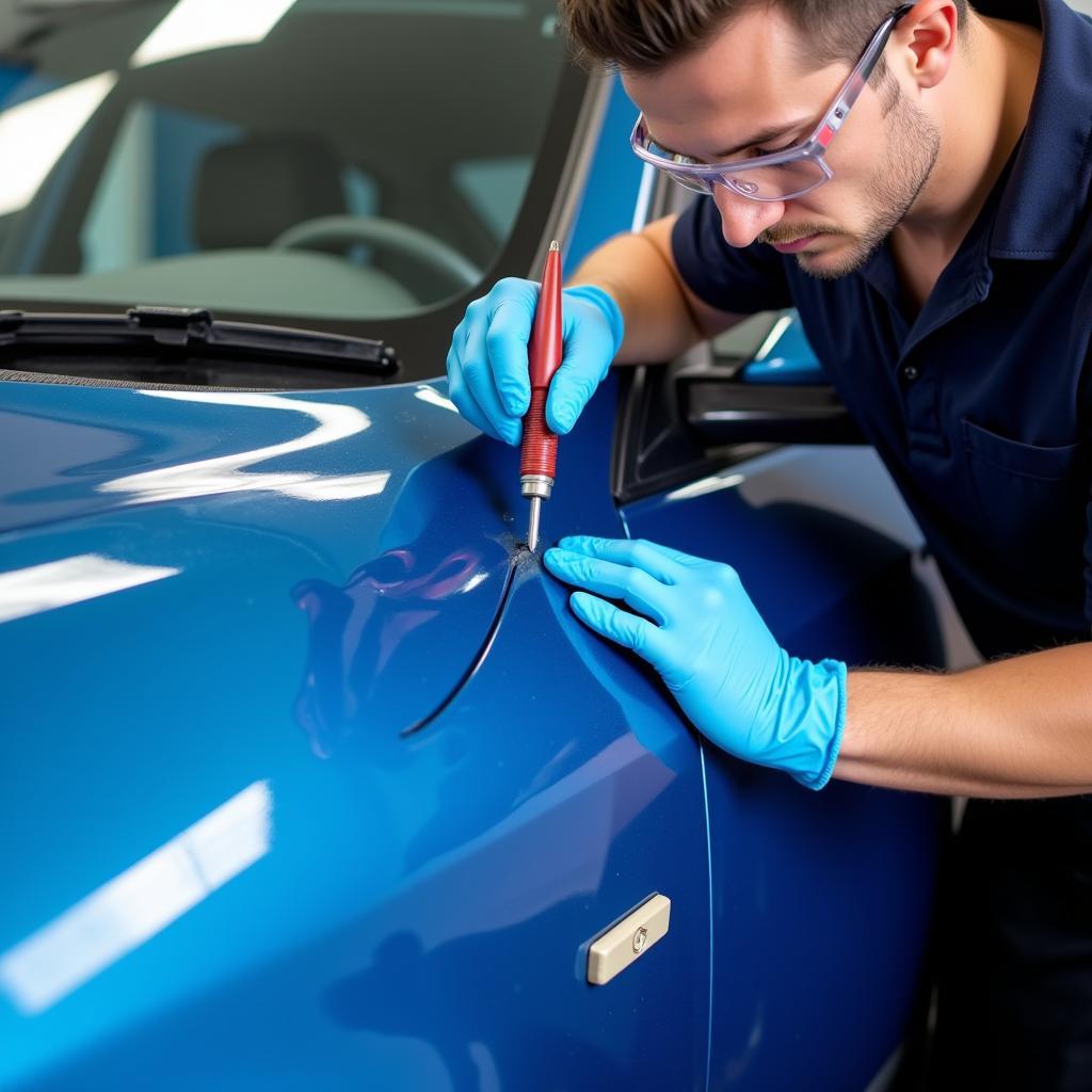 Car Paint Scratch Repair Specialist Examining Damage