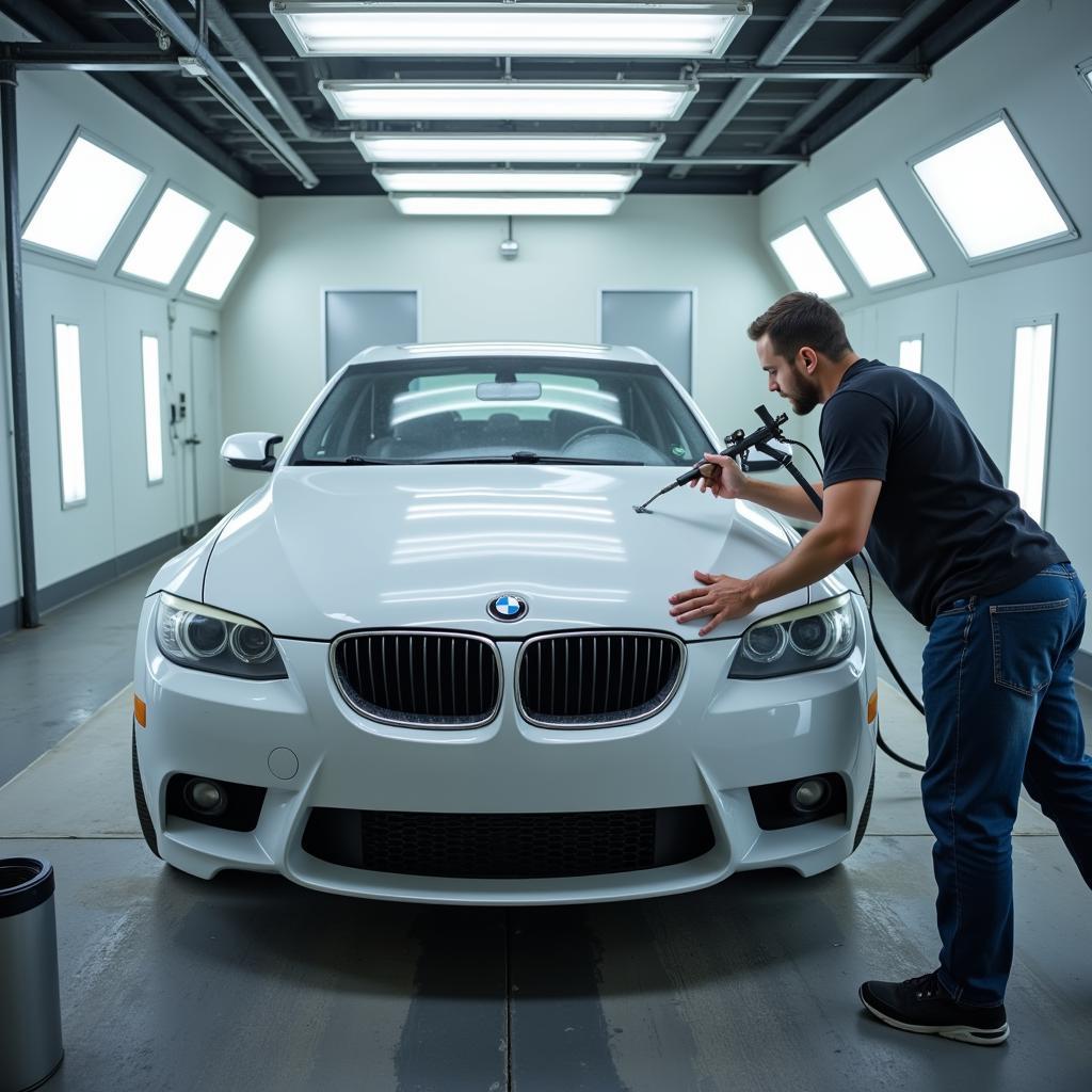 Car undergoing painting process in a Moray bodyshop