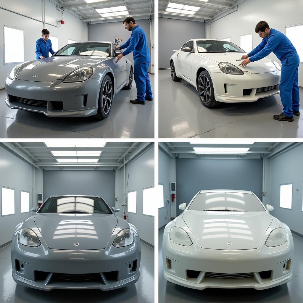 The car painting process in a Southampton body shop, showing priming, painting, and clear coat application.