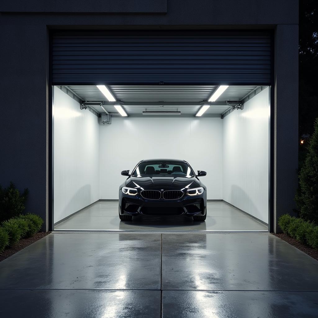 Car safely parked inside a well-lit garage.