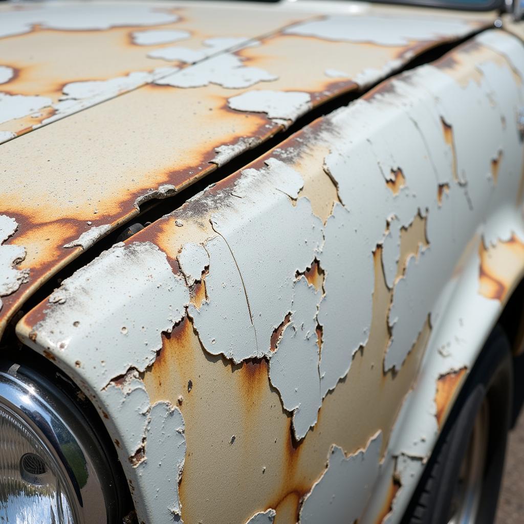 Close-up view of peeled paint damage on a car