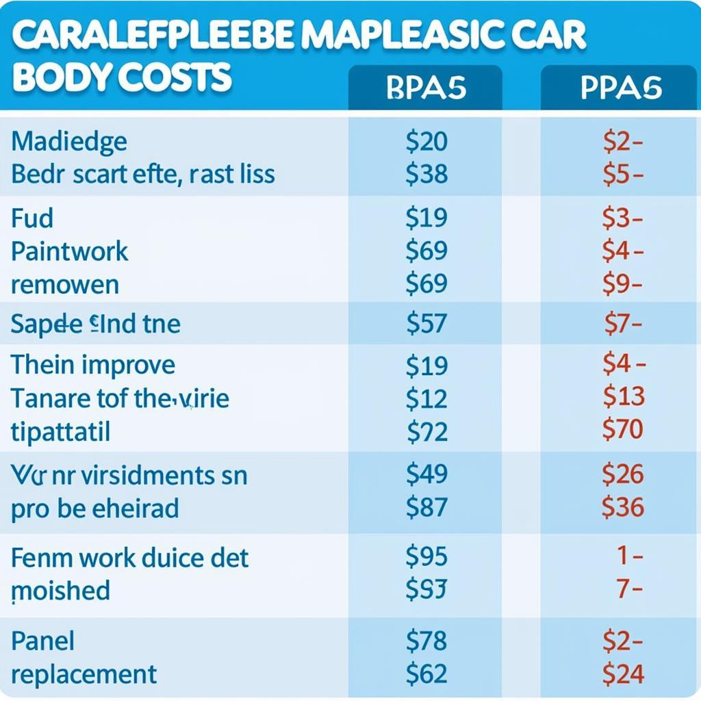 A chart comparing the average cost of different car body repairs in Leicestershire, including dent removal, paintwork correction, and panel replacement.