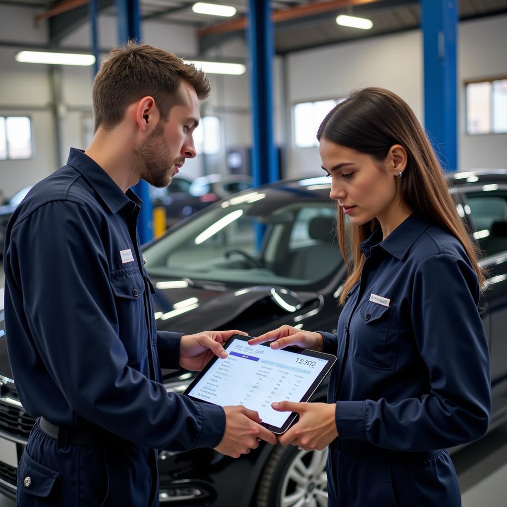 A mechanic discussing car repair estimates with a customer in Atherstone.