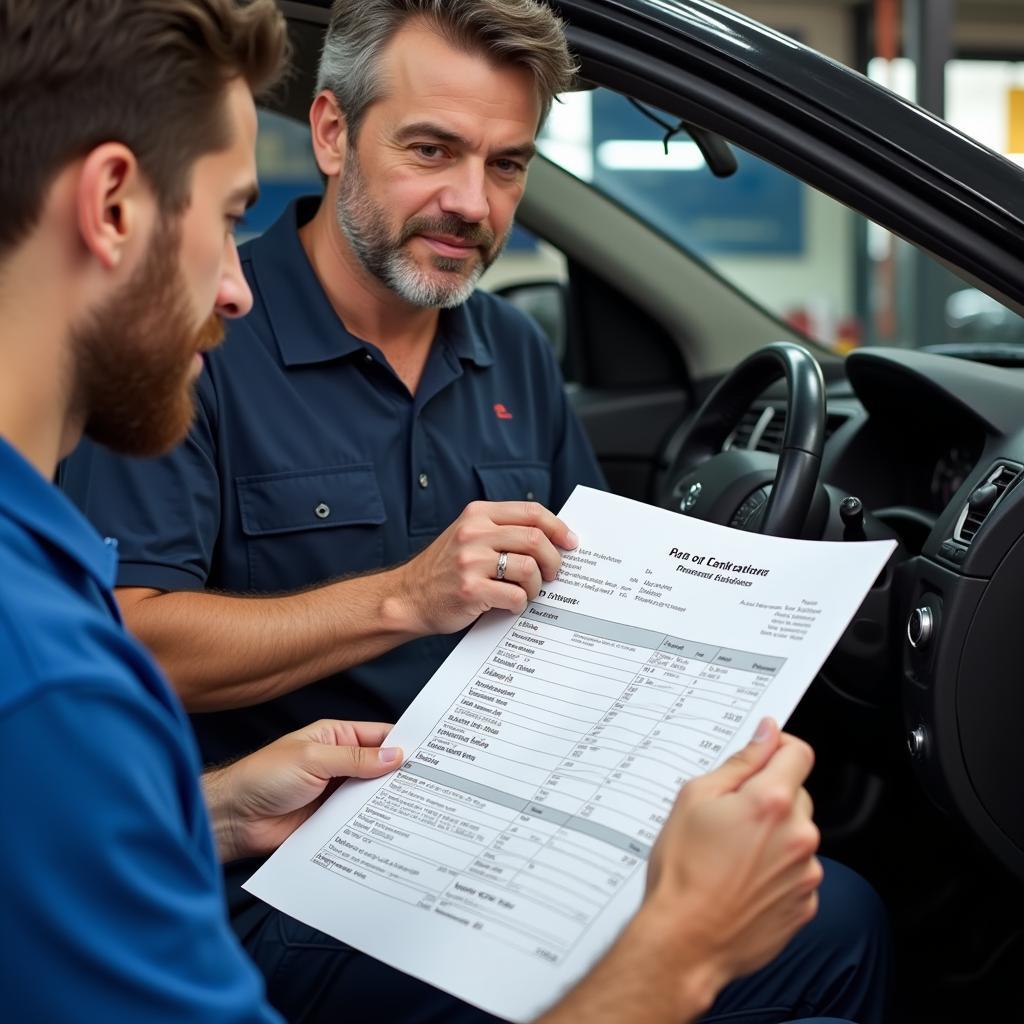 Car repair estimate being reviewed by a customer and a representative from a car body repair shop in Boston