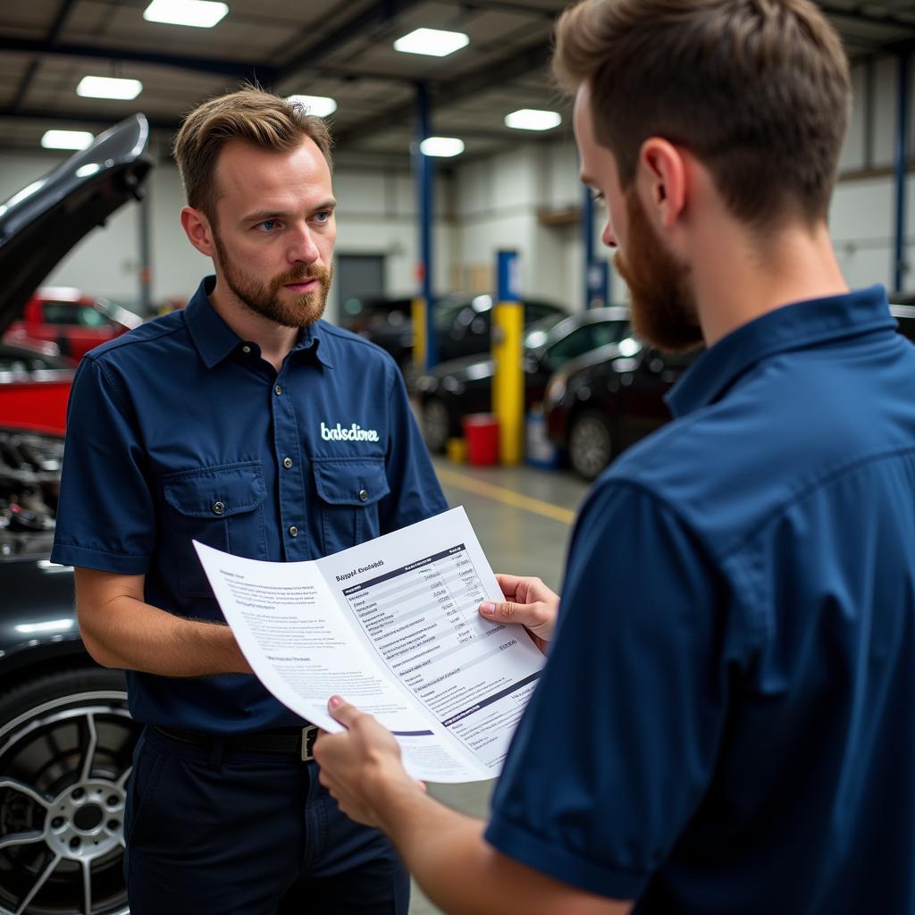 A mechanic discussing a car repair estimate with a customer in Bury Lancashire.