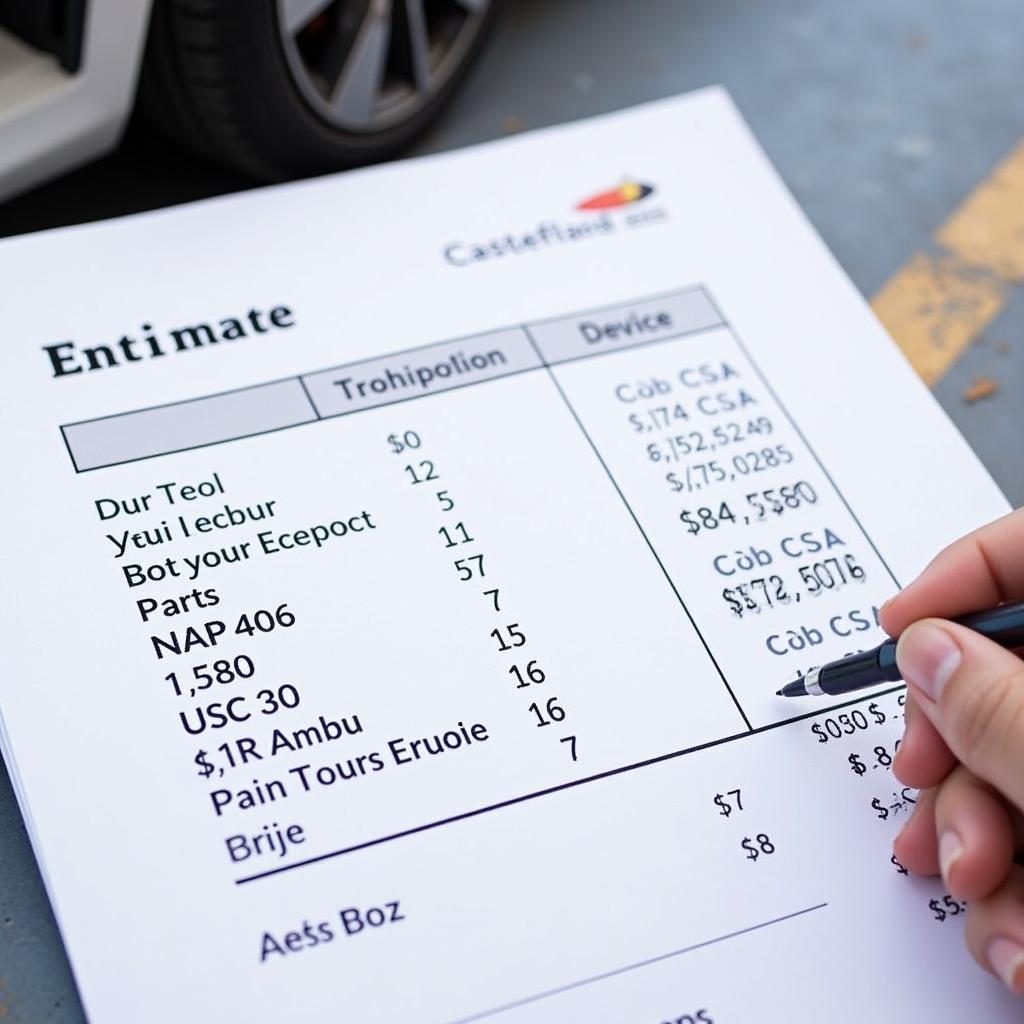 Example of a car repair estimate in Castleford.