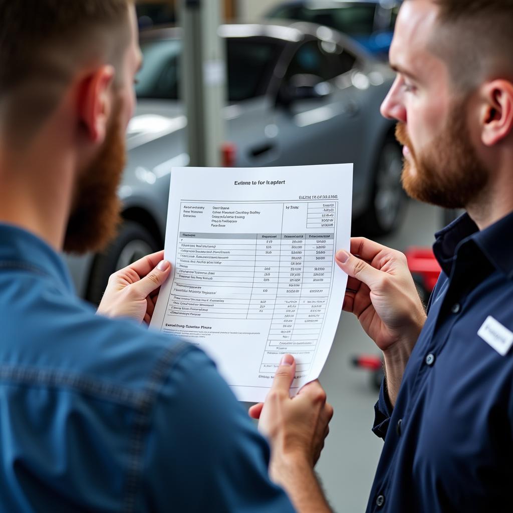 A detailed car repair estimate being reviewed at a Doncaster repair shop.