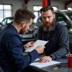 Getting a Car Repair Estimate in Dublin: A customer reviews a repair estimate with a service advisor.