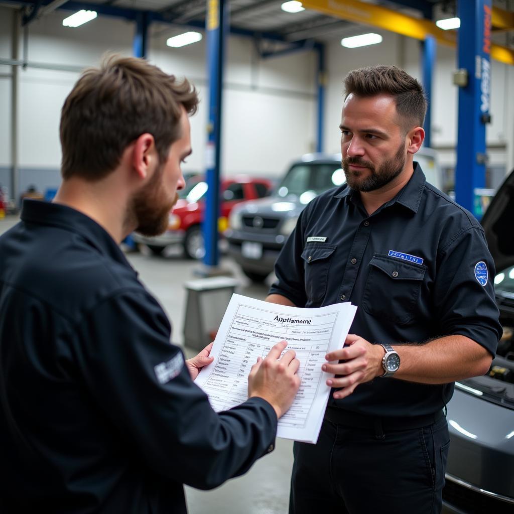 A mechanic discussing a car repair estimate with a customer in a London car body repair shop.