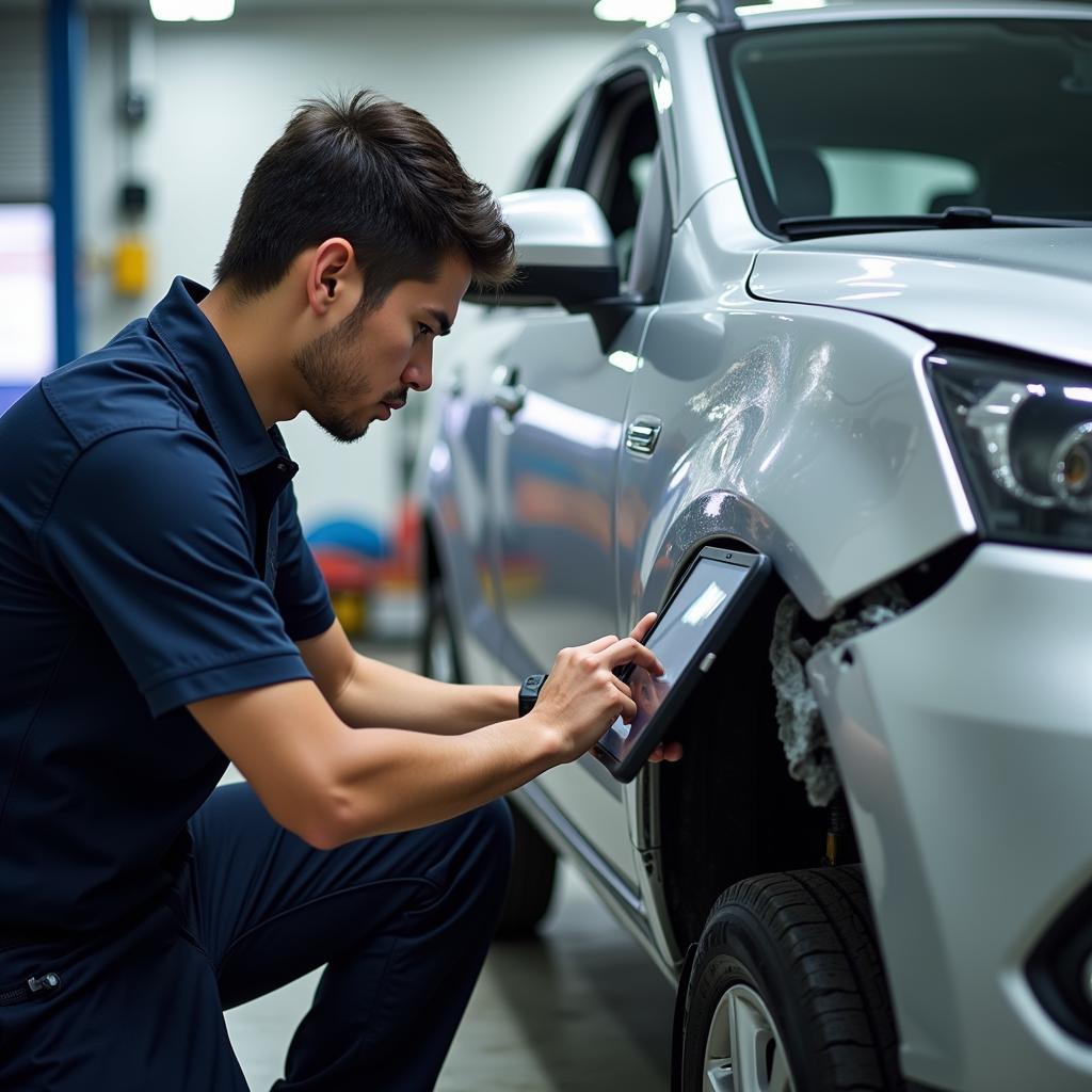 Technician inspecting car damage for repair cost estimation in the Philippines.