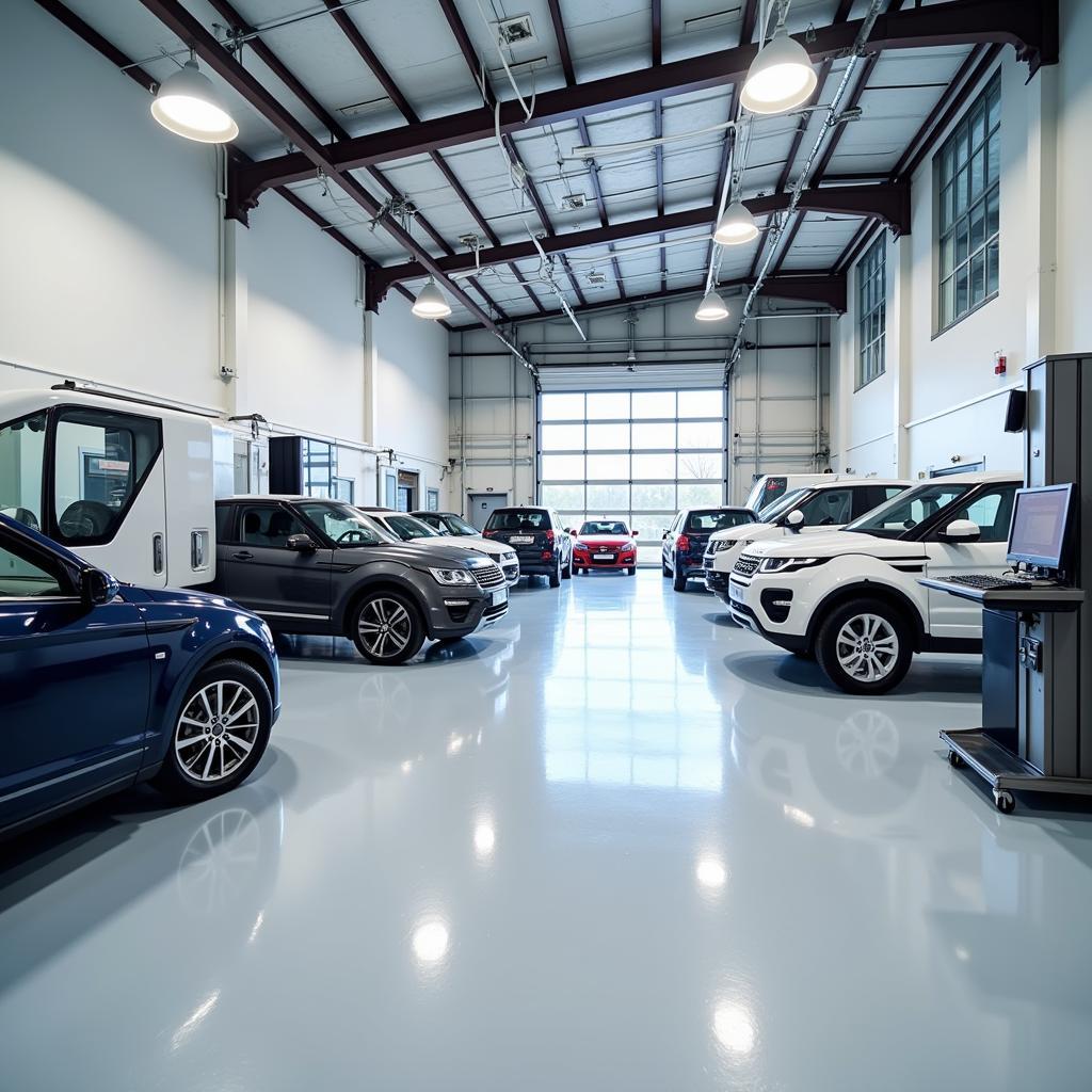 Interior of a modern car repair shop in Horwich