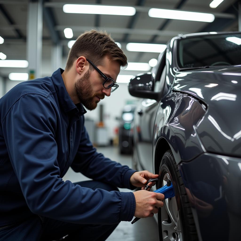 Car repair technician working in a Liverpool body shop