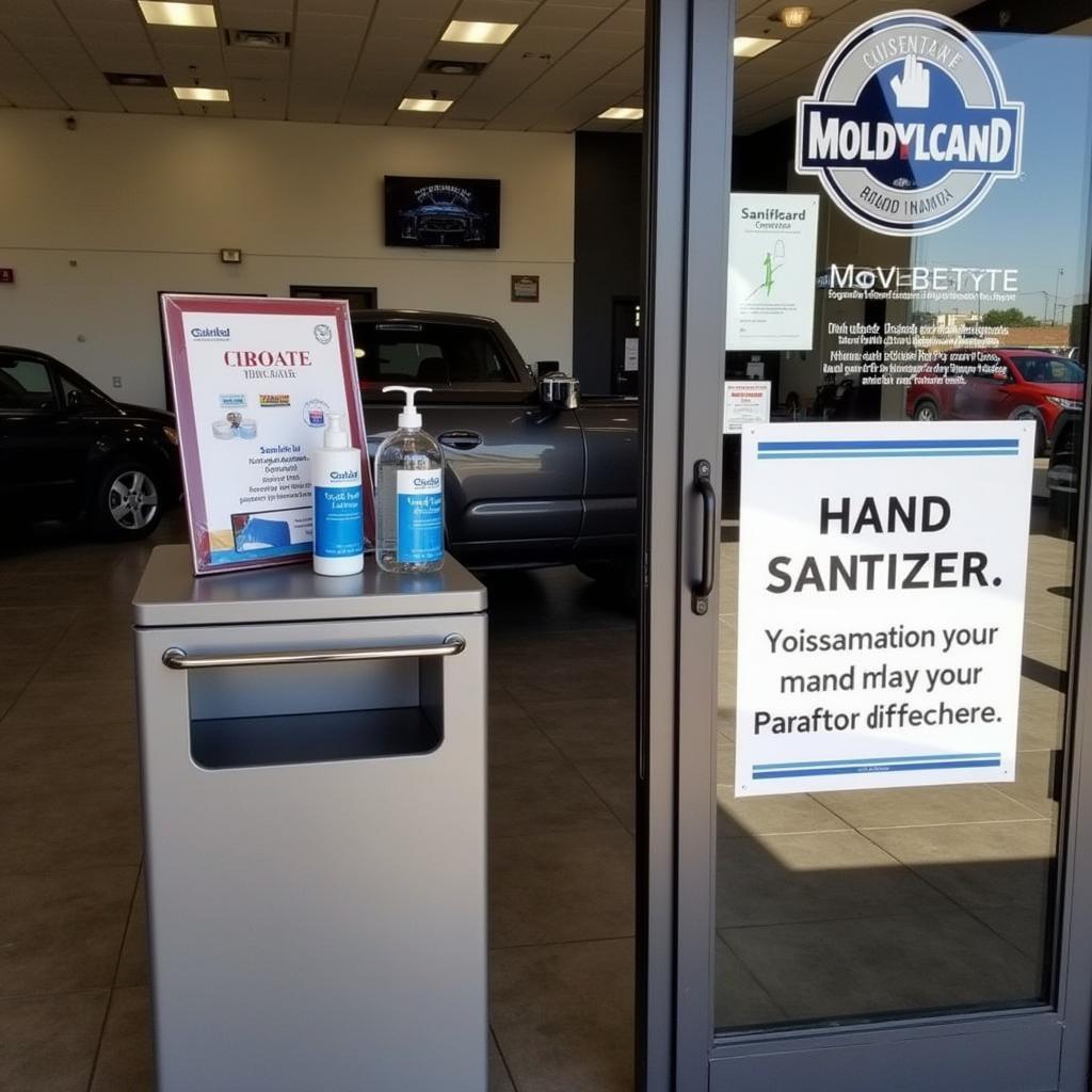 Sanitization station at a car repair shop during lockdown