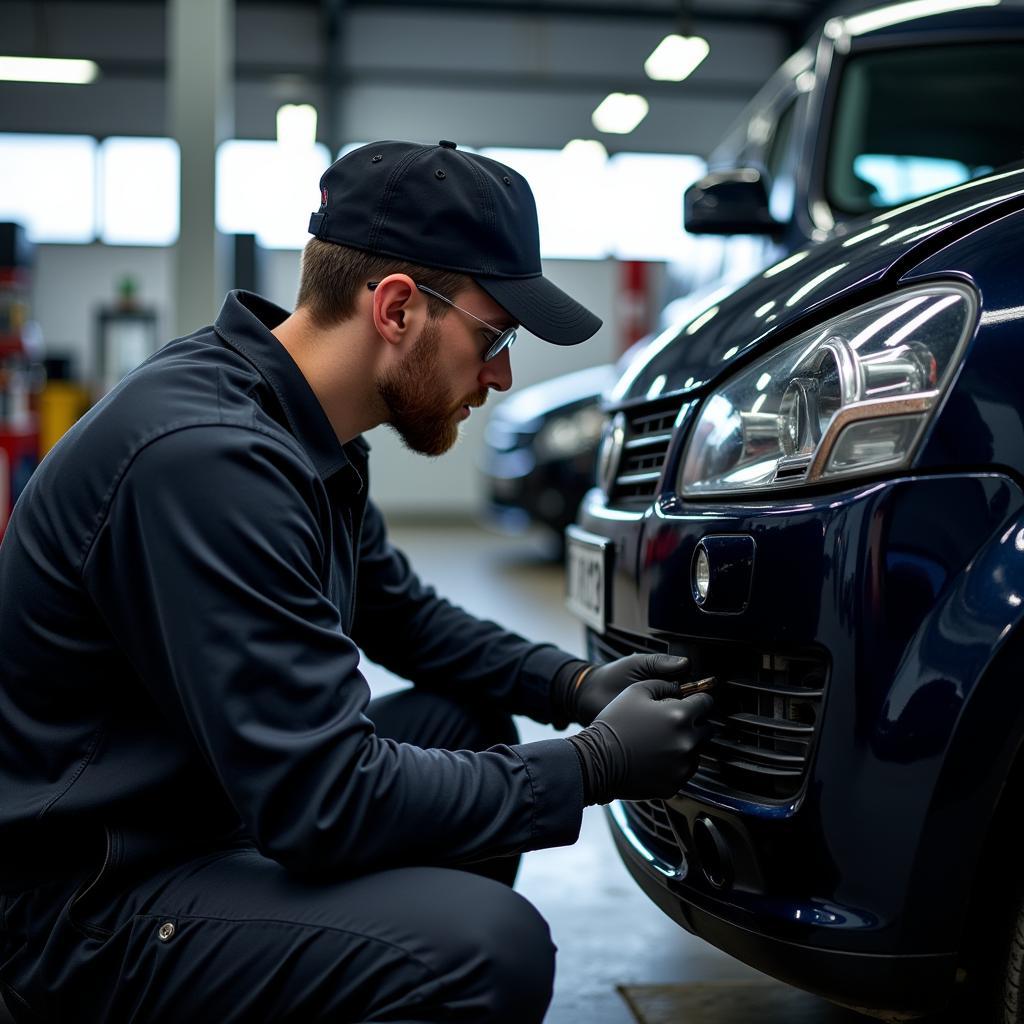 Car repair technician assessing damage in Yorkshire Dales