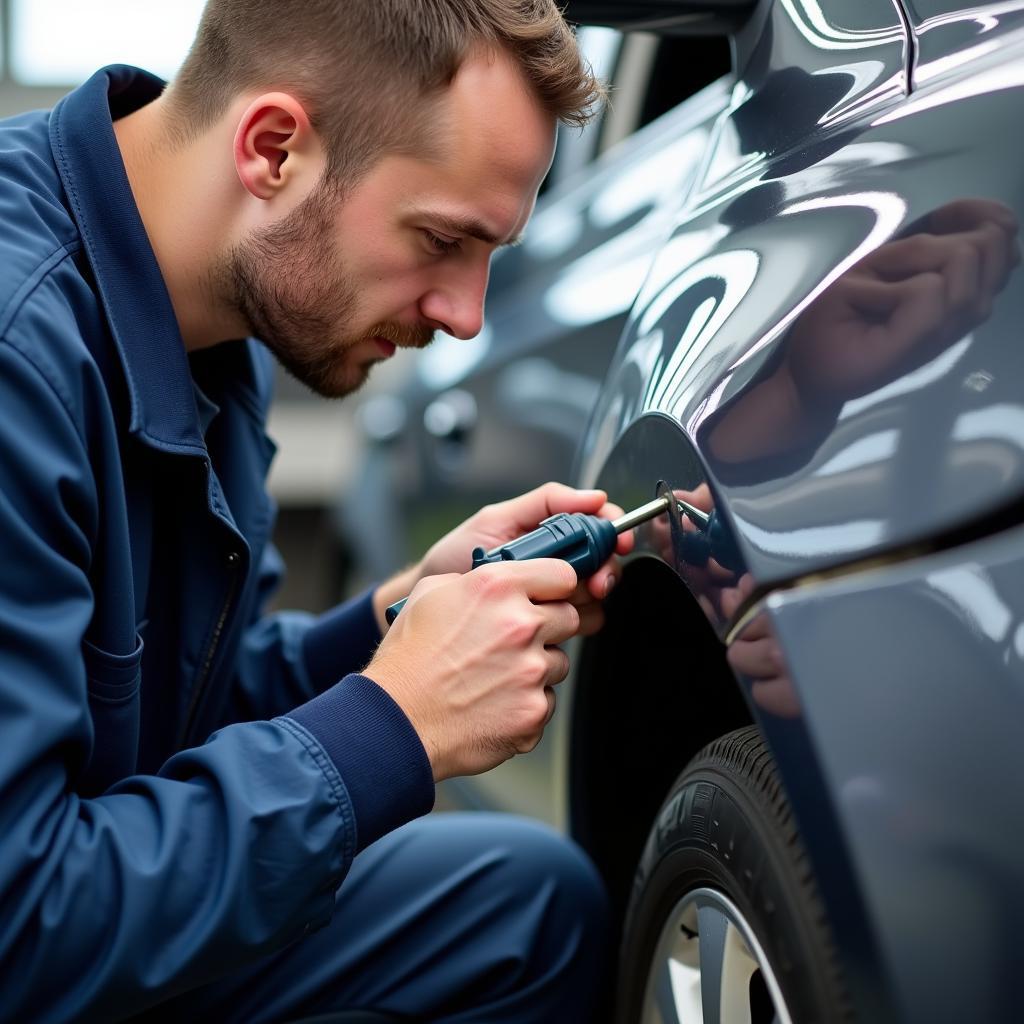 A qualified car repair technician in Bishops Cleeve inspecting a vehicle.