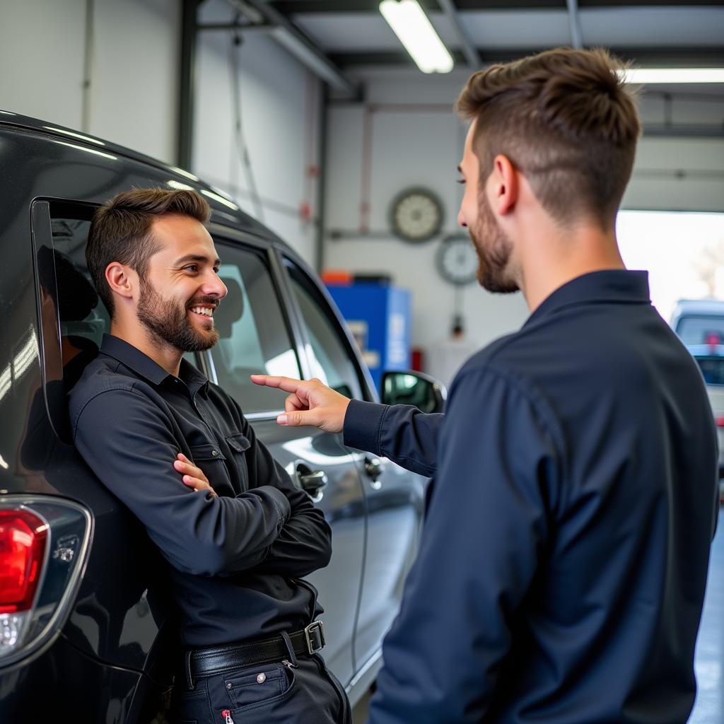 A car repair technician explaining the repair process to a customer