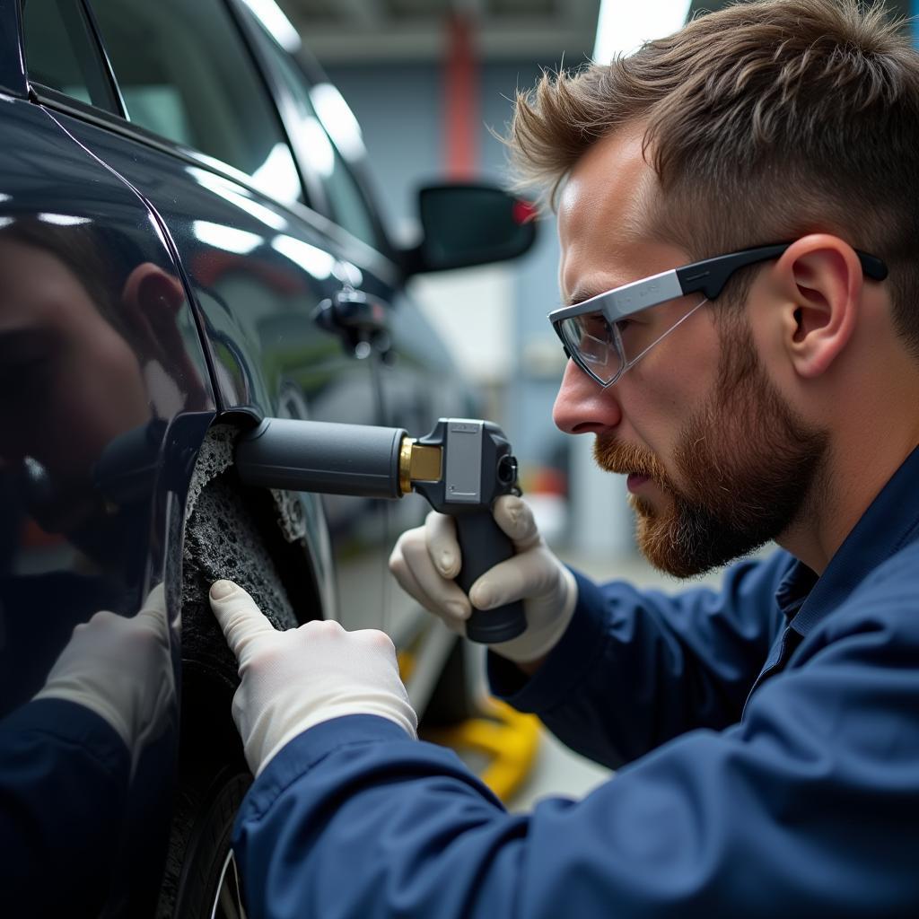 A car repair technician inspects the damage on a vehicle