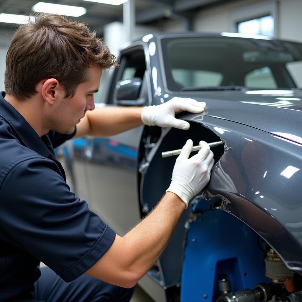 Car Repair Technician Working on a Panel in Basingstoke