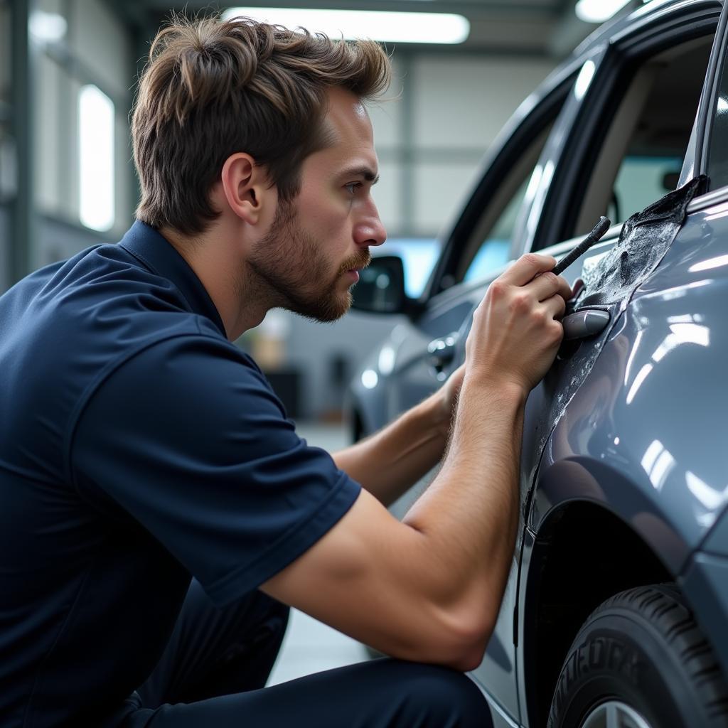 Car repair technician working on a damaged car in a body shop.