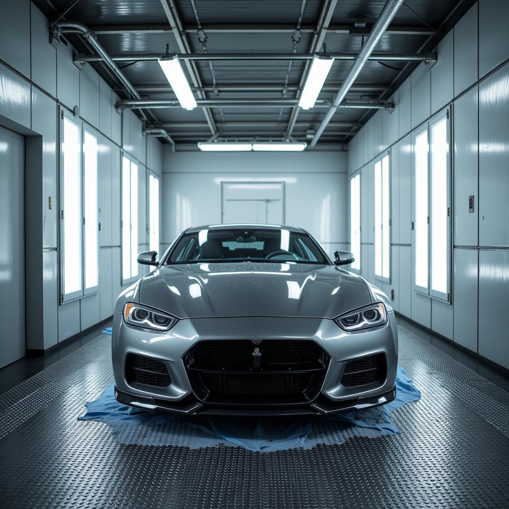 Car Undergoing Paint Repair in a Workshop