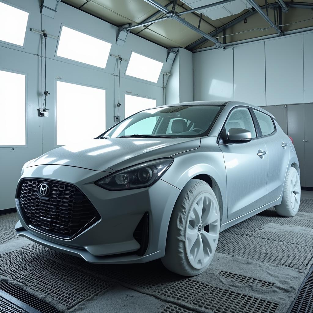 A car in a professional spray booth undergoing paint repair.