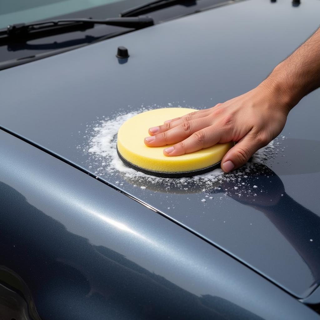 Applying car wax to a damaged car paint surface