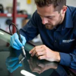 Close-up of a car window chip being repaired in Houston, TX 77089