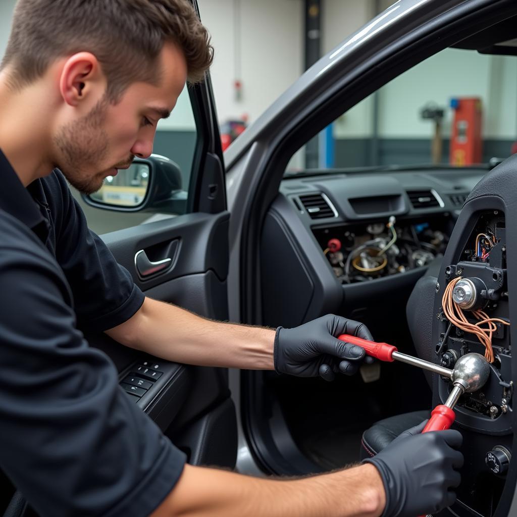 Mechanic Repairing Car Window Motor in a Shop