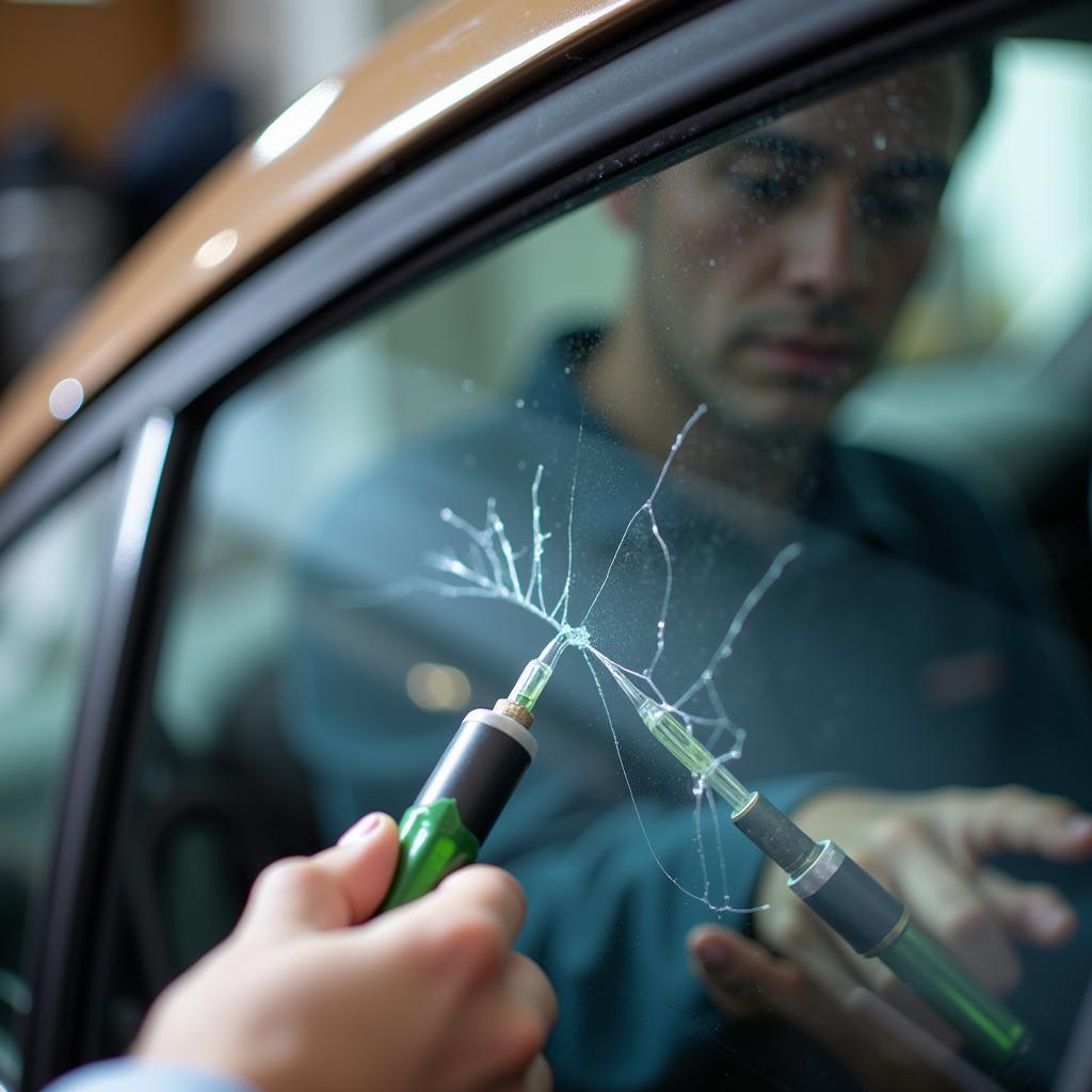 Close-up view of a technician filling a crack in a car window using resin during a repair process in Corona