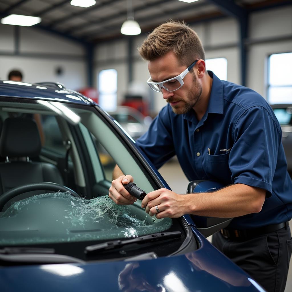 Car window repair technician working in Hammond, Indiana