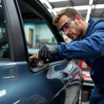 Experienced car window repair technician working on a vehicle in Omaha