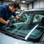 Car Window Repair Technician Working on a Damaged Windshield