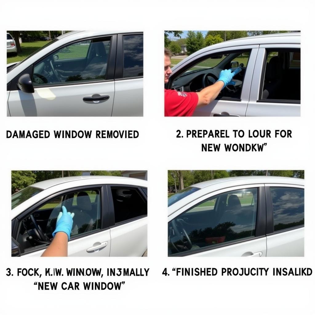 Car window replacement process in Rapid City: A series of images illustrating the steps involved in replacing a car window, from removing the damaged window to installing the new one.