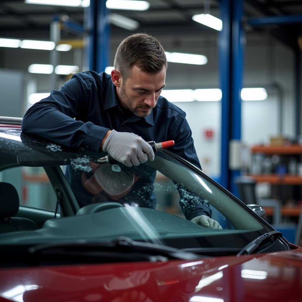 Mechanic inspecting a car windshield for damage in 60457.