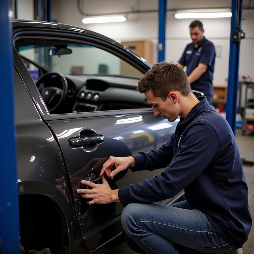 A graduate of a car body repair course working in a professional repair shop.