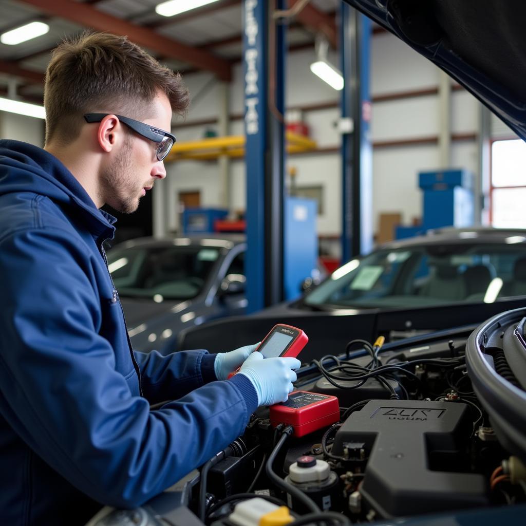 Certified Car AC Technician Performing Diagnostics