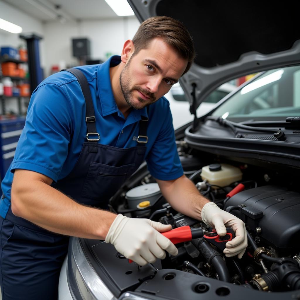 Certified Car AC Technician Working on a Vehicle