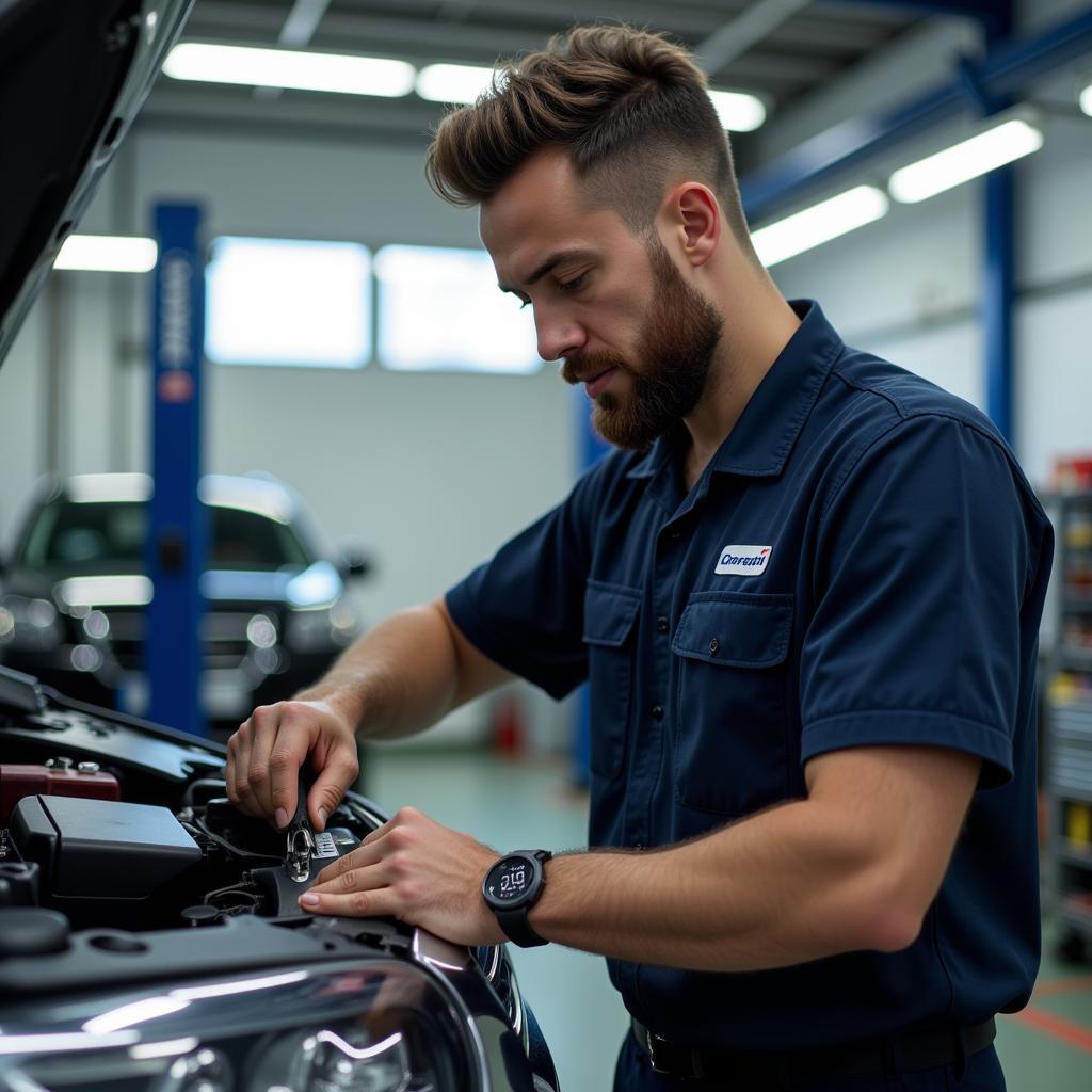 Certified car body repair technician in Hounslow working on a vehicle.