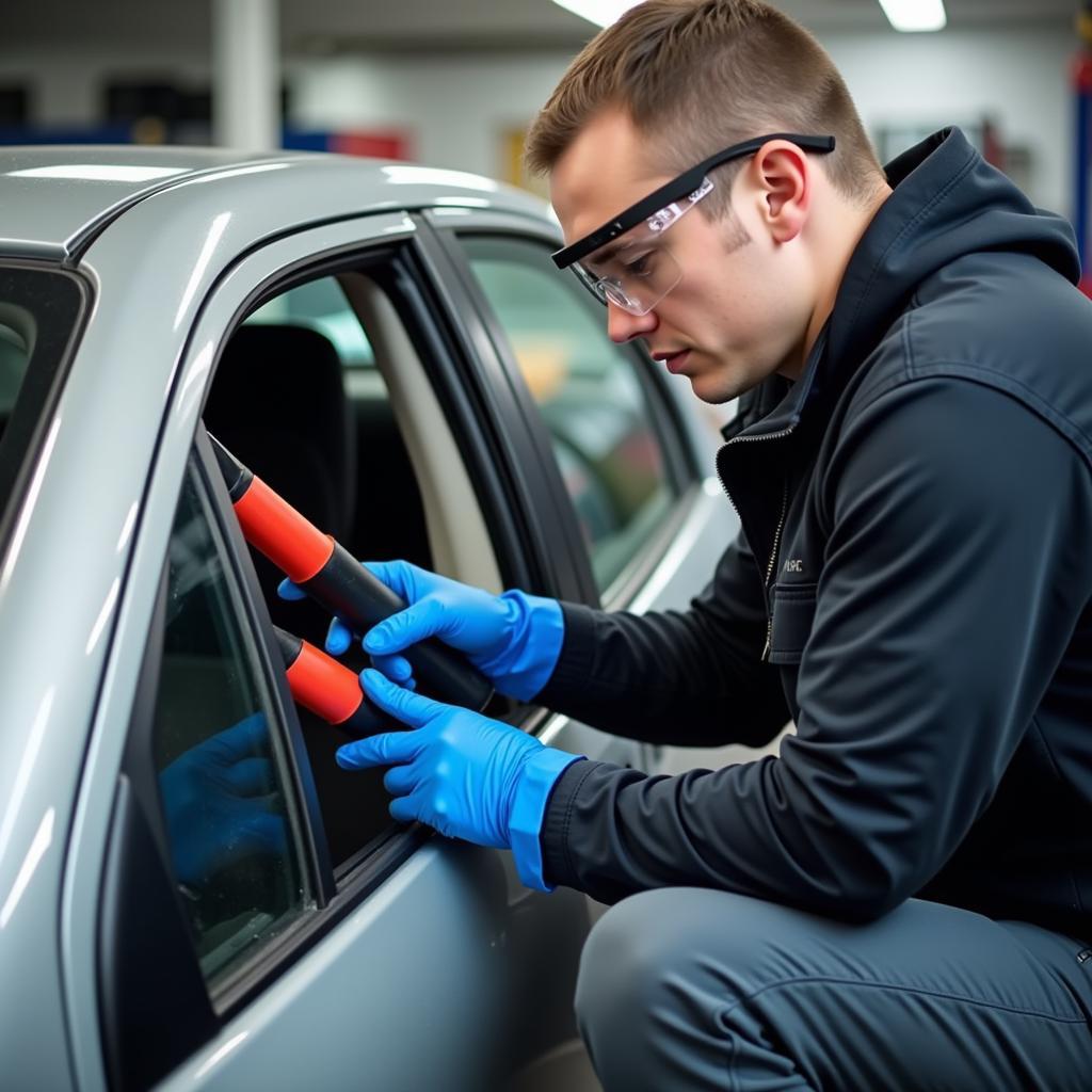 Certified car window repair technician working on a windshield