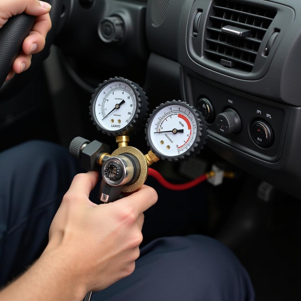 Mechanic Checking Car AC Refrigerant