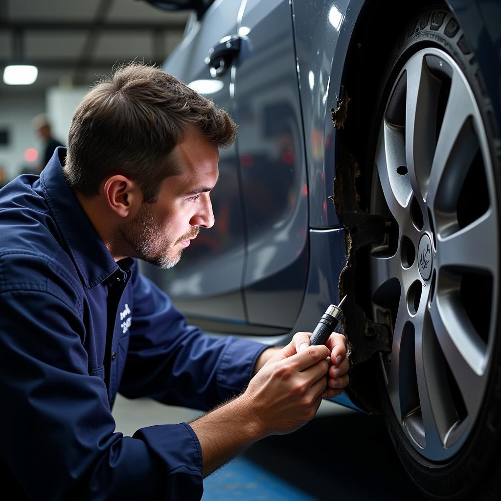 Mechanic inspecting car bumper damage