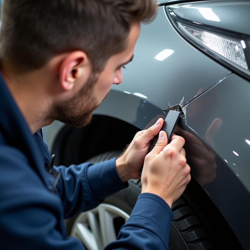 Mechanic inspecting car damage in Coventry