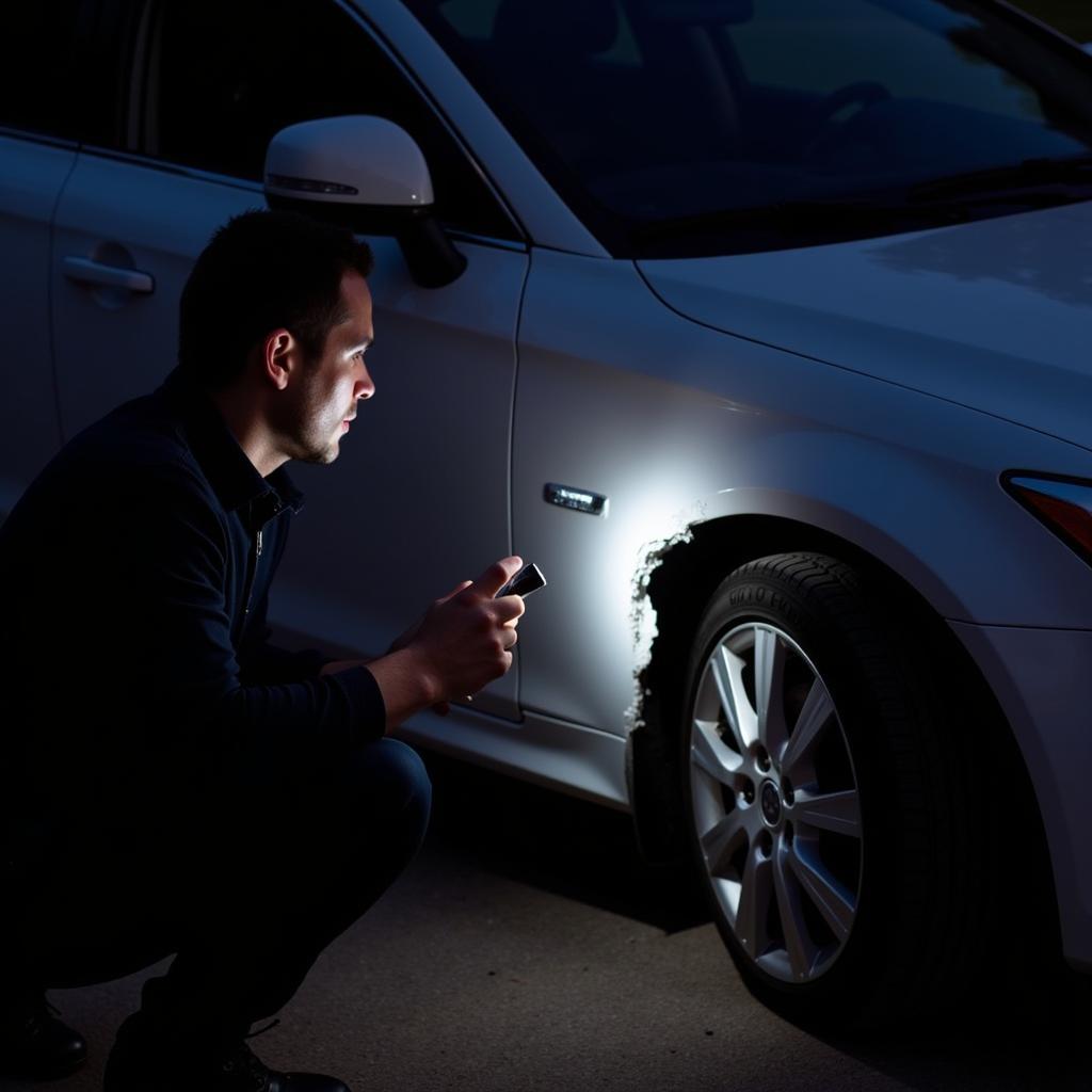 A car owner inspects damage to their car in Moray