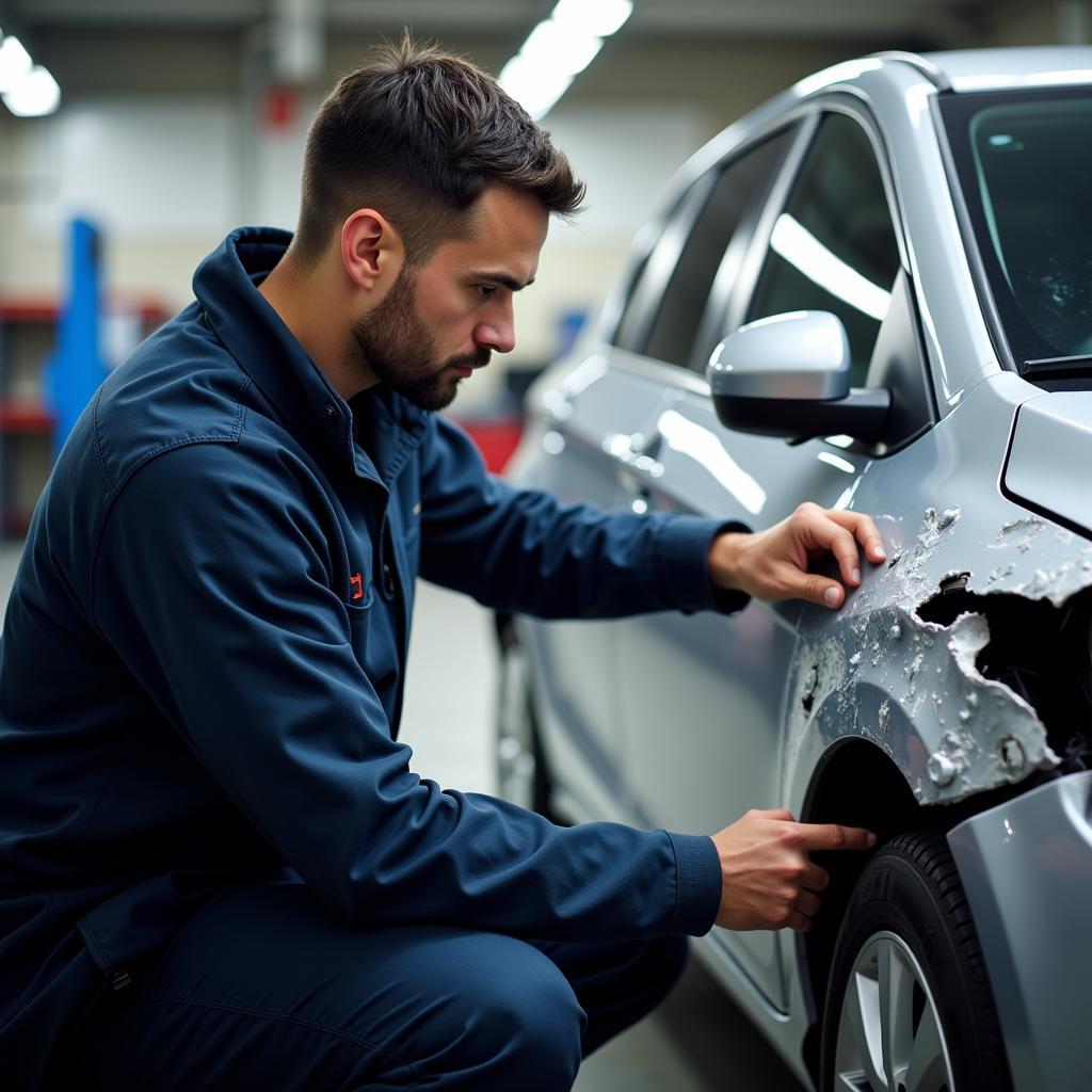 Checking Car Damage at a Repair Shop