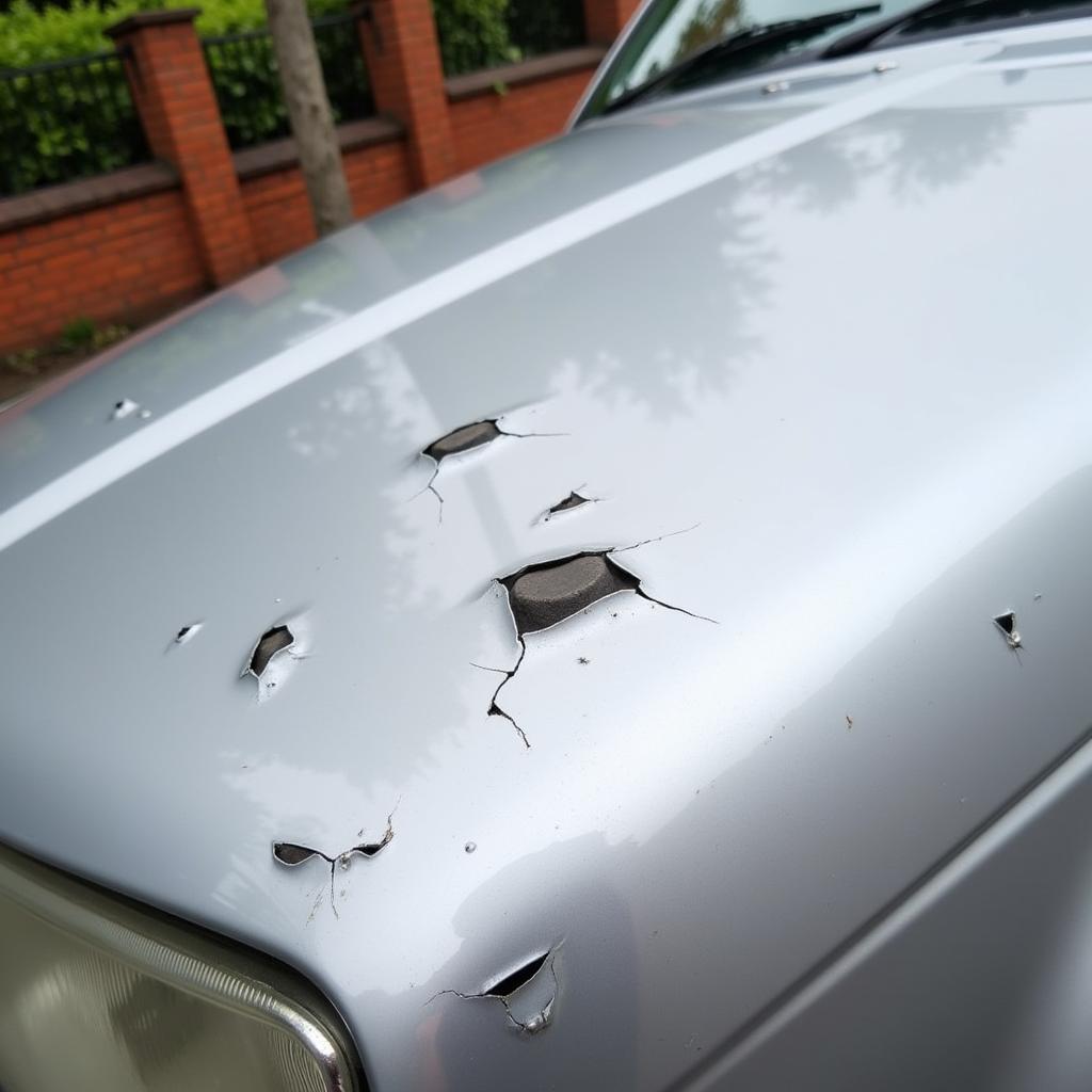 Close up of chipped car paint damage on a vehicle in the UK