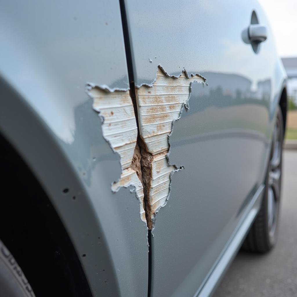 Close-up view of chipped paint on a car door