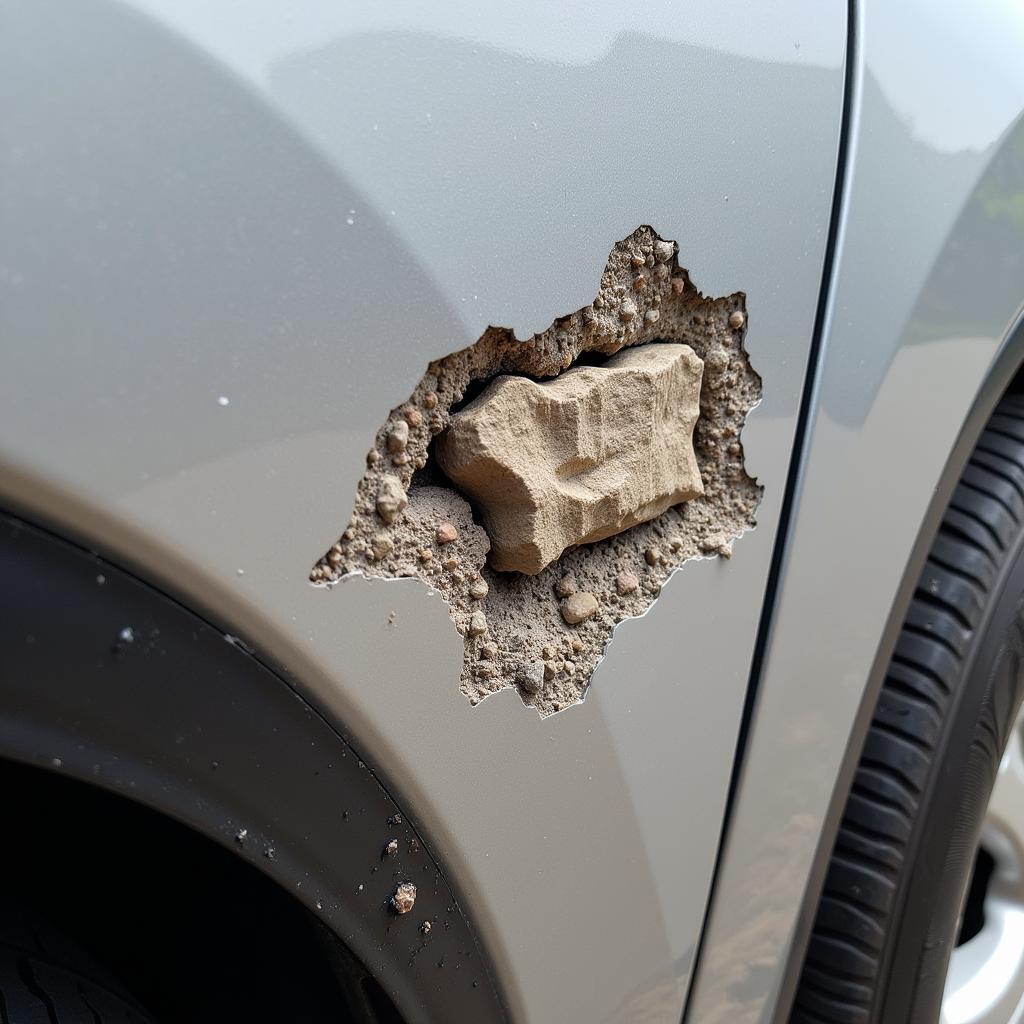 Chipped paint caused by road debris