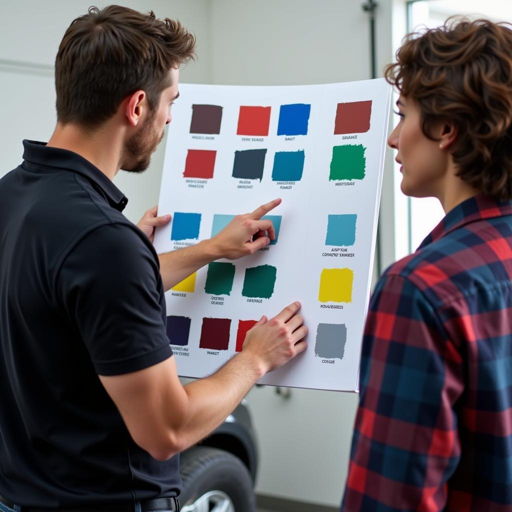 A customer talking to a car paint repair specialist in Auckland about paint options and repair methods.