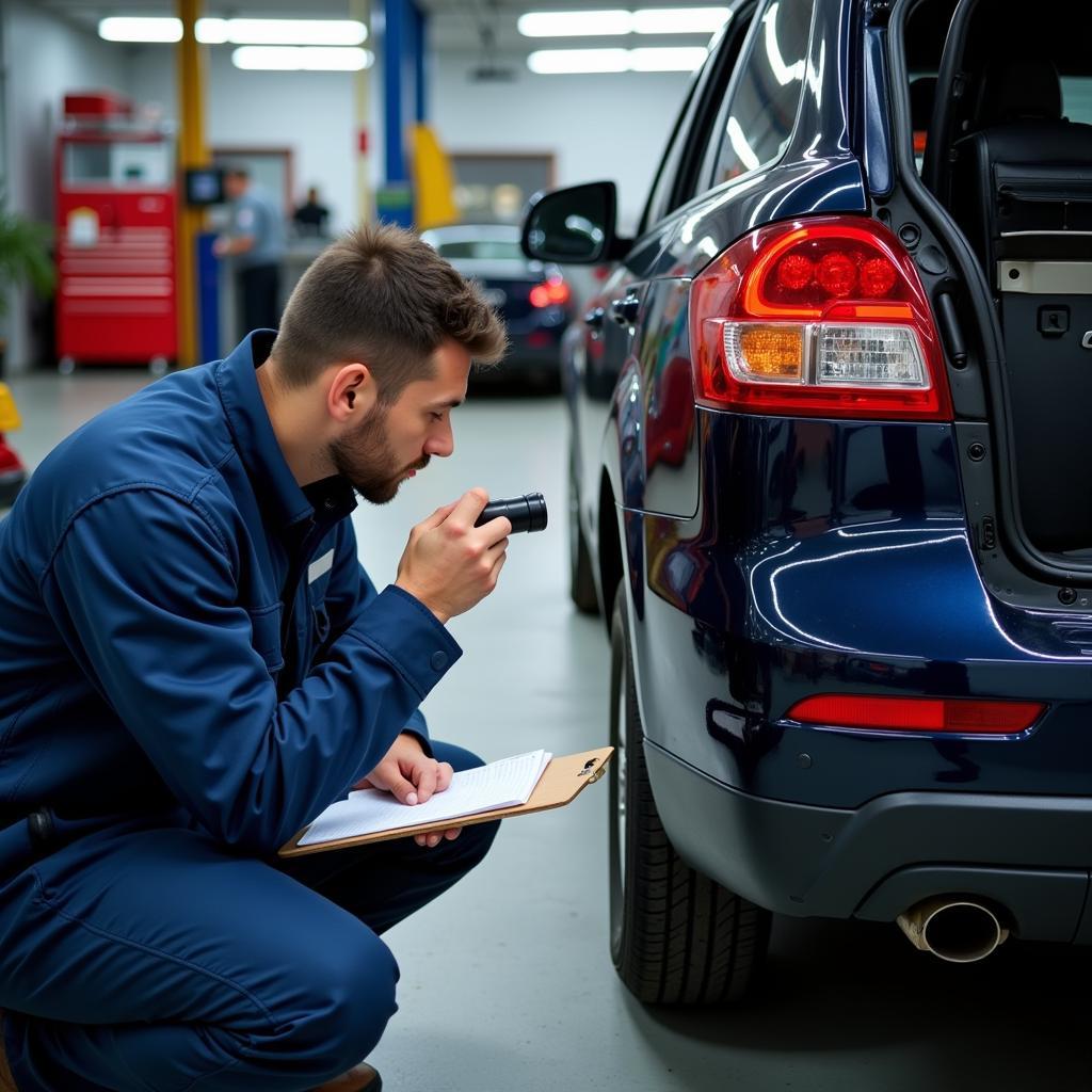 Mechanic inspecting car damage in Wallasey