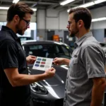 Various car paint color samples being compared in a Richmond Hill auto body shop